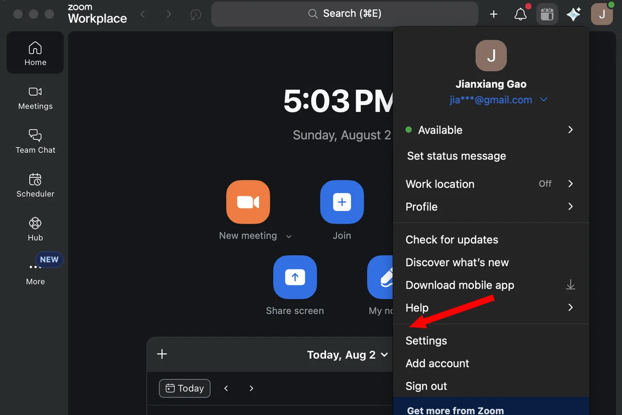 Zoom profile dropdown menu with the Settings item highlighted