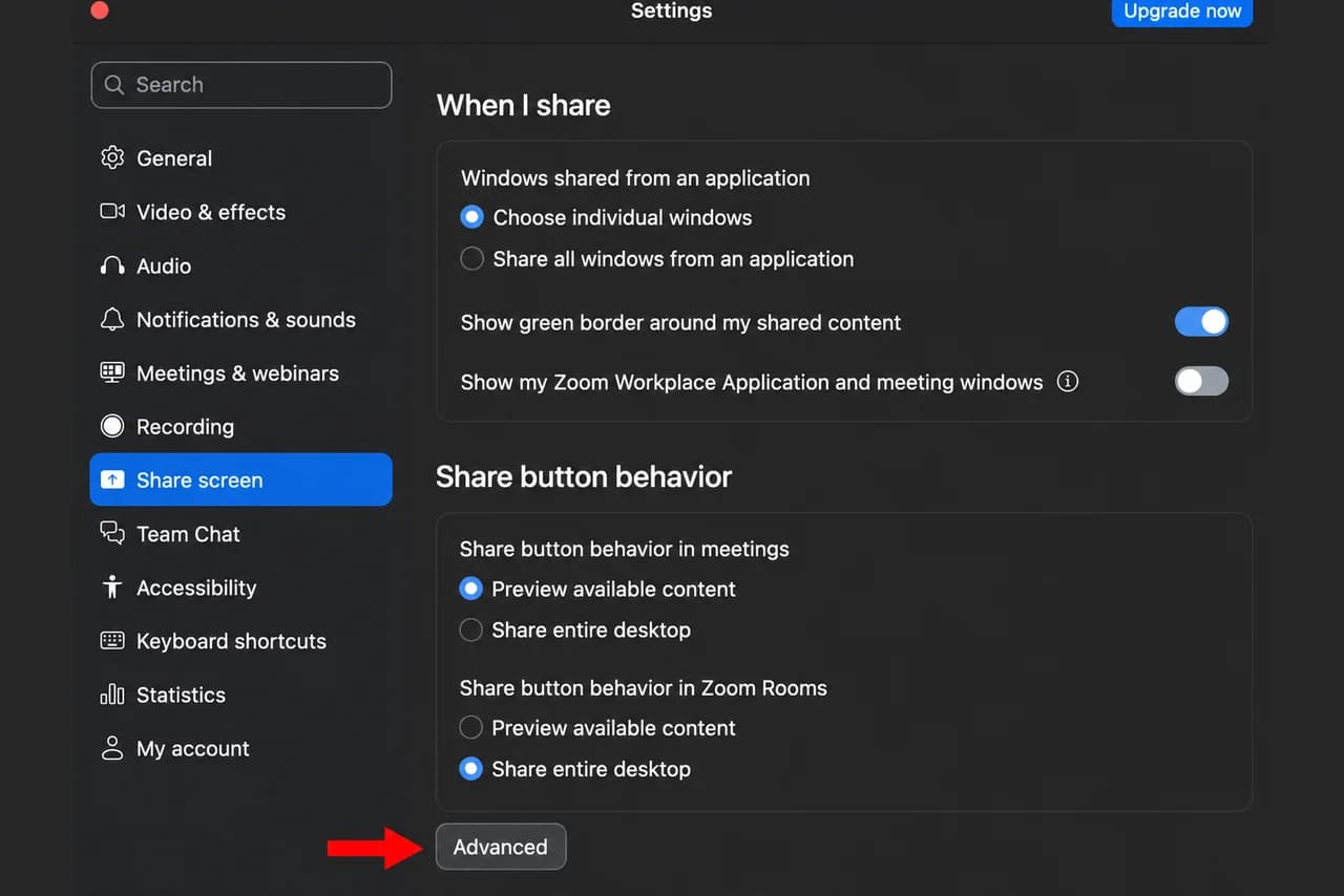 Zoom Share Screen settings panel with the Advanced button at the bottom highlighted