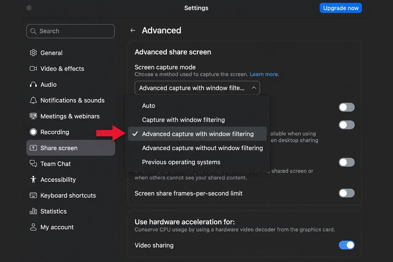 Zoom advanced share screen settings with "Advanced capture with window filtering" selected in the Screen capture mode dropdown